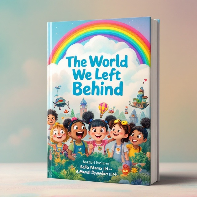 standing book mockup, Its title is "The World We Left Behind". Its author name is Belle Rhama (14) and Manai Dyandari (24).  A vibrant rainbow arcs across the top of the cover, casting a multicolored glow over a fantastical landscape filled with whimsical inventions like flying bikes and treehouses. Beneath the rainbow, a group of diverse and joyful children are depicted with exaggerated, playful features, complete with pigtails and bright smiley face accessories, all expressing wonder and excitement. The background is a blend of soft, pastel colors, enhancing the overall cheerful ambience. The title "The World We Left Behind" is in a bold, bubbly font, in a lively sky blue color, outlined in white to give it a cloud-like effect. Author names "Belle Rhama (14) and Manai Dyandari (24)" appear in a friendly, handwritten style in the lower portion of the cover., The rainbow serves as a natural border for the title at the top, while the children and inventions are arranged dynamically at the center, leading the viewer's eye towards the authors' names at the bottom. This creates a balanced and inviting composition.