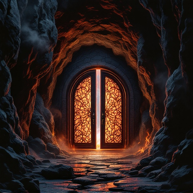 A dark, foreboding cave with jagged stone walls and shadows enveloping the scene. Two massive, intricately designed gates occupy the central portion of the cover, emitting a eerie, fiery glow. Smoke and wisps of flames dance around the gates, casting an ominous light into the cave. This creates a striking contrast between the darkness of the cave and the vivid, hellish illumination of the gates.