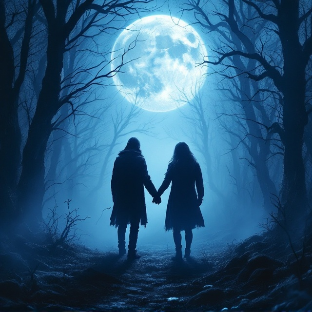 The cover features an eerie, moonlit forest scene as the background, shrouded in fog. In the foreground, two shadowy figures hold hands, their silhouettes slightly distorted to evoke a sense of discomfort. Dark, twisted trees surround the figures, with branches reaching out almost like skeletal fingers. An ethereal mist snakes through the trees, creating a chilling atmosphere.