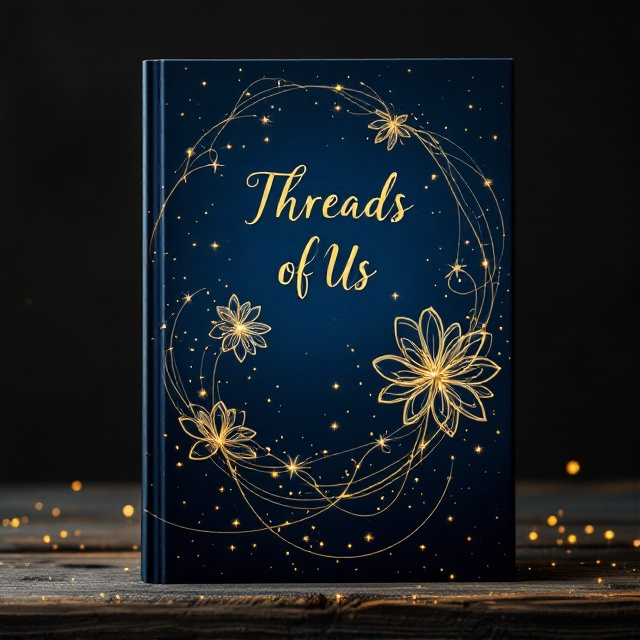 Delicate golden threads shimmer against a deep midnight blue background, intricately forming outlines of two ethereal flowers facing in opposite directions. Small, subtle stars are scattered around them, enhancing the feeling of romance and adventure.