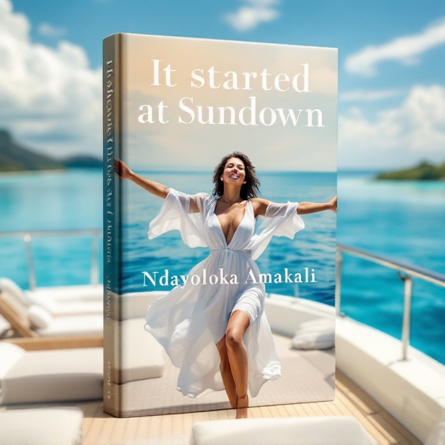 A vibrant depiction of a stunning young woman on the deck of a luxurious superyacht, set against the breathtaking backdrop of a Seychelles island. Her arms are stretched wide, her head tilted back with a radiant smile, her white linen dress flowing elegantly in the breeze. The sleek lines of the superyacht are complemented by the crisp blue of the sea and sky, with lounge chairs tastefully arranged around her.