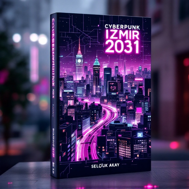 The cover showcases a hyper-detailed neon-lit painting of Izmir's skyline, featuring iconic structures like the clock tower intertwined with futuristic elements such as towering holographic billboards and hovering vehicles. The cityscape is bathed in shades of luminous purple and neon pink, creating a dynamic contrast between the darkened streets and vibrant neon lights. An intricate network of cybernetic lines weaves through the skyline, giving an aura of connectivity and technology.