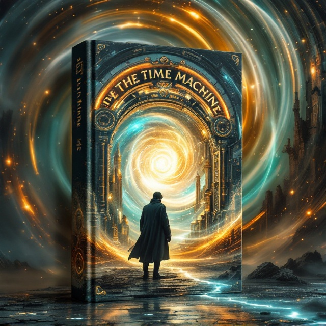 A central figure of a time traveler stands poised beside a meticulously crafted time machine, surrounded by a swirling, luminous vortex of light and mist. The backdrop seamlessly transitions from a detailed Victorian-era cityscape to a dystopian future, featuring crumbling, alien-esque structures. The canvas is infused with a steampunk-inspired aesthetic, highlighted by intricate clockwork gears and radiant, futuristic motifs set in a dramatic palette of bronze, gold, deep blue, and ethereal green.