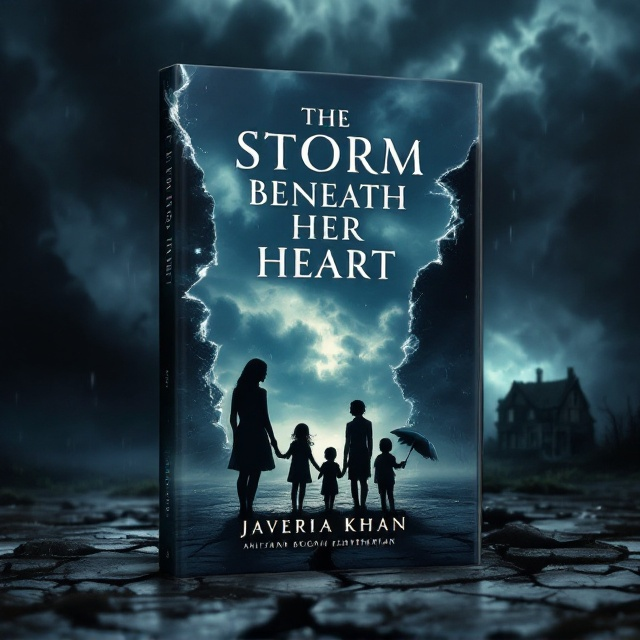 The cover features a silhouette of a mother standing protectively with her three daughters and young son in the foreground, with a jagged crack separating them from a shadowy, distant father figure on the opposite side. A stormy sky filled with swirling dark clouds dominates the background, with a faint ray of light breaking through near the top. An old, crumbling house stands in the distance. A broken umbrella is nearby, with rain merging into tears on the mother's face.
