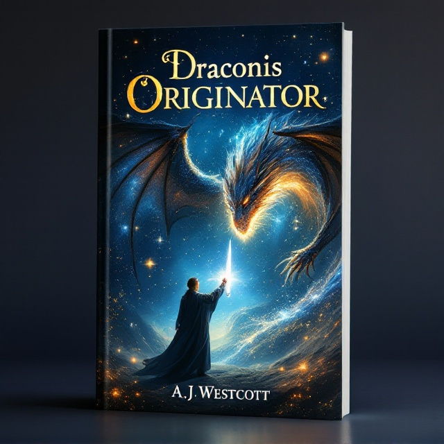 A central image of a wizard-like man, with robes gently flowing, stands facing a majestic dragon with cosmic wings. The dragon's wings shimmer with galaxies and stars, swirling like mini universes. The man's sword is raised, catching the light from the dragon, suggesting a transfer of energy. The background consists of a deep blue, fading into various shades that mimic the night sky and enhance the cosmic effect.