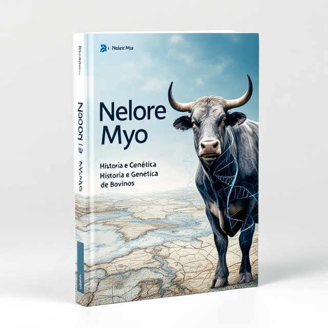 The cover features a striking image of a Nelore bull with a genetic double-helix pattern subtly overlaying its torso. The bull is placed on the right side against a serene blue sky fading into a white backdrop. The title "Nelore Myo" in large letters is positioned on the left side. Wisps of DNA strands intertwine with historical maps in the background, giving a sense of deep rooted history and scientific prowess.