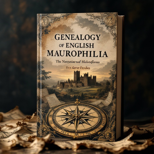 A dramatic depiction of a 17th-century English landscape with a shadowy, towering castle in the background signifies the Shakespearean era. In the foreground, an ornate compass, intricately detailed with alchemical symbols, suggests the exploration and navigation theme. Layers of ancient script and faded maps create a textured background, hinting at the genealogical exploration.