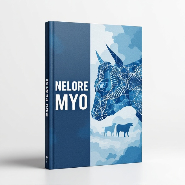 The cover features a split design with the title "Nelore Myo" in large, bold lettering on the left side of the cover. On the right side, a stylized image showcasing a combination of bovine genetic strands interwoven with silhouettes of Nelore cattle. The background primarily consists of varying tones of blue, complemented by elements in white to add contrast and emphasize rustic elegance.