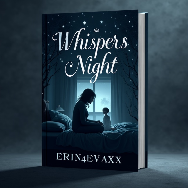 The cover has a dark, moody background depicting a shadowy bedroom with the faint silhouette of a mother sitting on the edge of a bed. Soft wisps of light swirl around her, suggesting the presence of a spirit. In the background, an ethereal image of a young girl, slightly translucent, appears with a tender expression, suggesting a comforting presence. Vague whispers, illustrated as delicate, flowing lines, emanate from the girl toward the mother.