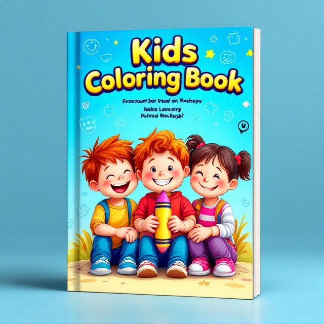 A vibrant and playful cover featuring a group of happy kids sitting together, with one holding a large crayon. The background is a gradient of various shades of blue, creating a cheerful and inviting atmosphere. There are outlines of different cartoon characters and playful doodles surrounding the kids to hint at the contents inside.