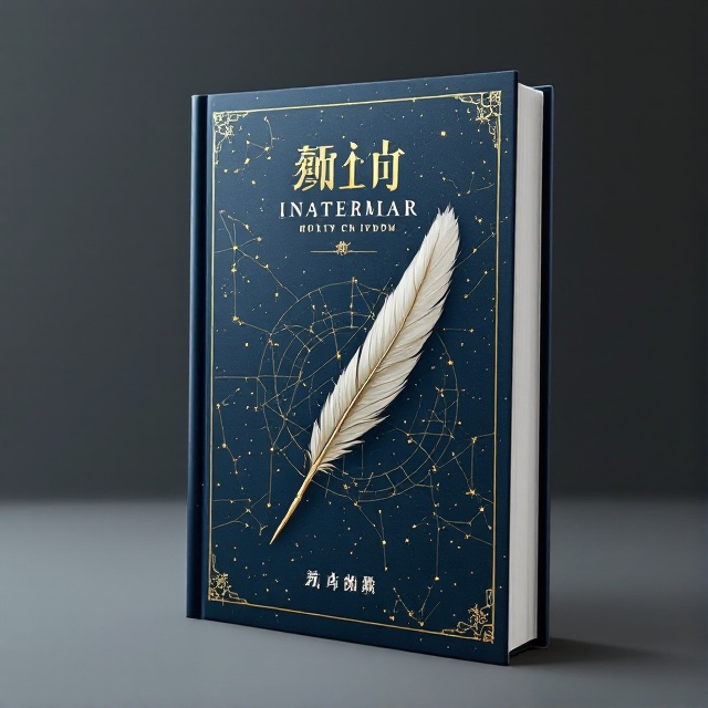 A minimalist design features a serene but intriguing ethereal sky background with constellations subtly forming an abstract calendar grid, symbolizing the passage of time. Gold foil accents trace the numbers and lines of the calendar grid, enhancing the classic and romantic feel. The main element is a central image of a vintage quill pen diagonally placed, signifying the memoir aspect and the act of chronicling personal wisdom.