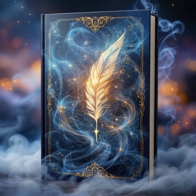 An intricate pattern of swirling ink forms a mystical quill writing magical symbols in the air, against a backdrop of ethereal colors blending like a twilight sky. Silver and gold foil accents highlight the quill, imparting an aura of enchantment. Wisps of smoke gently wind around the imagery, giving a dynamic sense of movement.