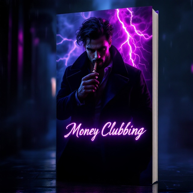 The cover features a dramatically lit scene with a muscular Mexican man in a black overcoat, standing with an air of mystery and intensity just outside a shadowy nightclub. His black, tousled hair and ruggedly handsome features are accentuated by a chiselled jaw and a subtle beard. He exudes a feared but respected aura while smoking a fine cigar. Purple lightning streaks across the dark, rainy sky, hinting at a turbulent past of bank heists. The swirling smoke from the cigar reveals the neon-lit title "Money Clubbing" in an electrifying, cinematic style.