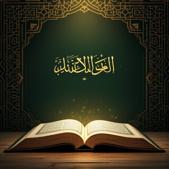 A background featuring intricate Islamic geometric patterns in muted gold against a dark, rich green backdrop. In the foreground, an open Quran with softly glowing pages emanates a warm light, casting a gentle glow around it. A subtle halo effect surrounds the Quran, enhancing its sacred presence.