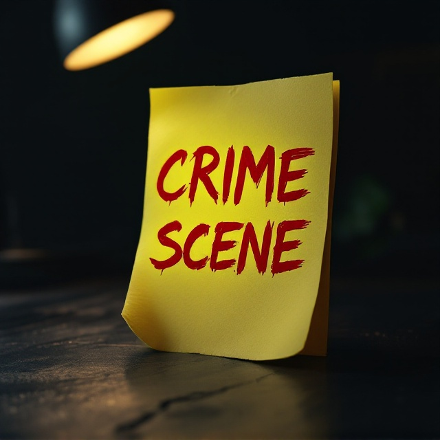 A somber, shadowy cover featuring the side view of a dark desk in the lower foreground, partially illuminated by a subtle, dim light situated in the upper left corner. The focal point is a yellow sticky note, appearing worn and slightly crumpled, stuck onto the desk. The book’s title "CRIME SCENE" is scrawled aggressively across the note in bold red ink. The background remains obscured in darkness, adding to the air of mystery, with slight hints of texture suggesting an enigmatic environment.