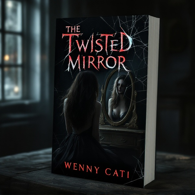 A dark, enigmatic room is depicted, where a solitary woman in an elegant gown sits before a vintage vanity mirror. The mirror, however, reflects only the back of her head, maintaining a sense of unease. Her long, flowing hair is the focal point, partly obscuring the mirror’s surface. Dim, atmospheric lighting casts elongated shadows around the room, heightening the mysterious mood. The use of deep blacks and rich reds saturates the scene, adding to the foreboding atmosphere.