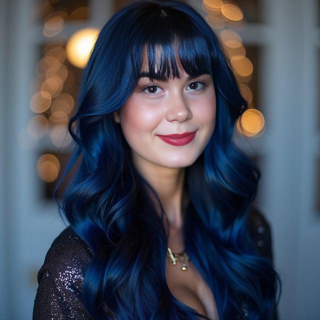 Create a realistic image with one person only, featuring a side-parted, wavy hairstyle with soft fringe and midnight blue highlights on a long-haired female, matching a winter season vibe for an elegant New Year’s Eve party look.