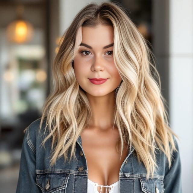 Create a realistic image with one female person only, featuring soft, loose waves in warm honey blonde. The hair should be shoulder length, with moderate volume and a center part. The setting is a spring casual outing.