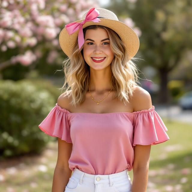 Depict a realistic image with a female person enjoying a spring outing. She has soft, loose waves in warm honey blonde, shoulder length with moderate volume. She is wearing a pink off-shoulder top with ruffled sleeves, white high-waisted slim-fit jeans, and white canvas sneakers. Accessories include a straw hat with a pink ribbon and a delicate gold chain necklace.