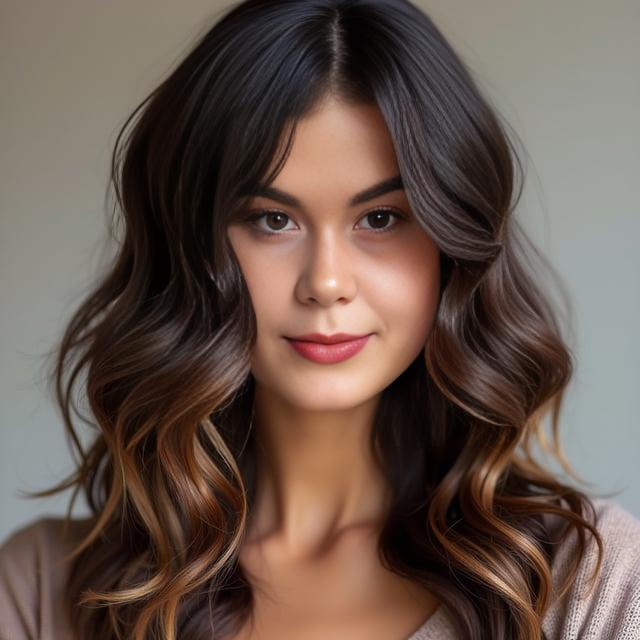 Create a realistic image with one person only, matching the provided ethnicity and featuring a feminine face, with deep chocolate brown hair styled in medium-length layered waves with caramel highlights, a deep side part, and a soft fringe.