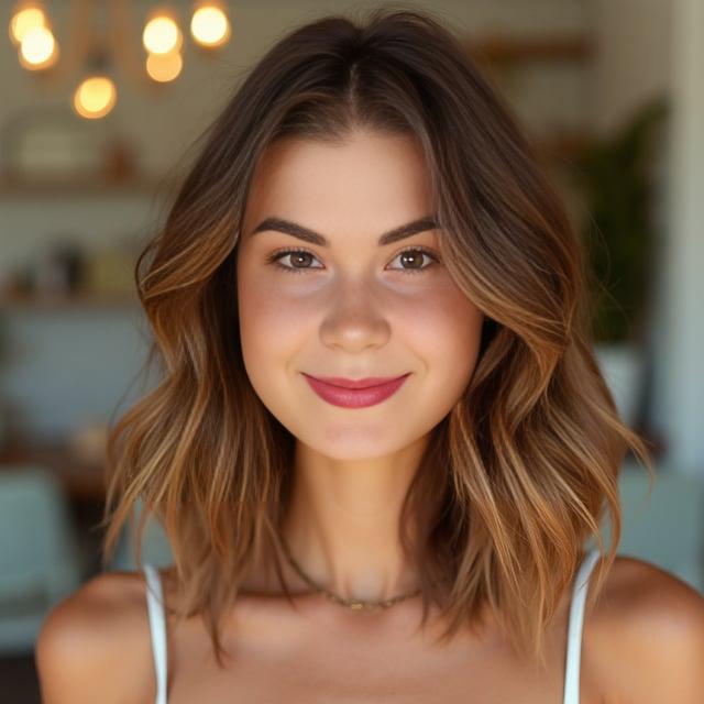 Create a realistic image with one person only, featuring a female with mid-length chestnut brown hair with honey highlights, styled in loose waves. The hairstyle should include layers starting at the chin and she should have a complexion that harmonizes with a warm and fresh spring aesthetic. Make sure her face has a cheerful disposition suitable for a spring brunch.