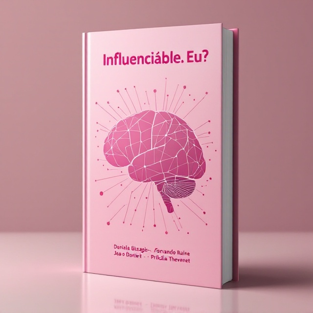 A minimalist design featuring a silhouette of a brain in the center, visually dissected into segments, with pink tonal gradients. These segments are interconnected with a network of lines, symbolizing influence and cognitive connections. The background is a soft, muted pink, enhancing the seriousness and anxiety elements, while reflective holographic elements add a layer of desire.