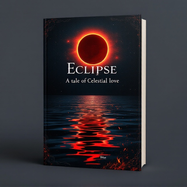 A striking visual of a red eclipse dominating the top half of the cover, casting a dramatic reflection over a dark, rippling body of water. The lower right corner of the cover appears artistically burnt, adding an element of mystery and intrigue. Fire and water symbolism are subtly integrated into the scene, with light ember-like details near the burnt corner.