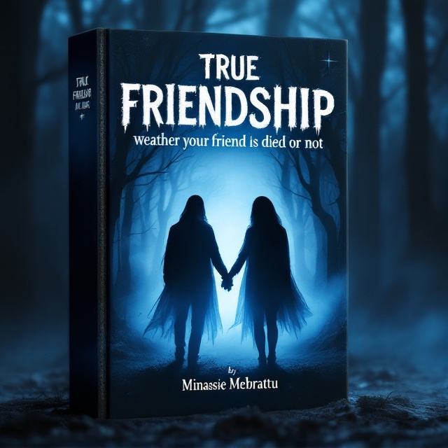 A ghostly silhouette of two friends holding hands emerges from a misty background, set against a dark, eerie forest. The silhouette appears translucent, offering a glimpse of the ominous landscape through their figures. Blue hues dominate the background, creating an unsettling yet mesmerizing atmosphere. Shadows and light play intricately, emphasizing the chilling essence of the scene.
