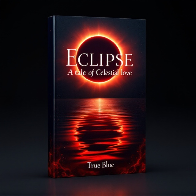 A vivid, red eclipse reflecting on a tranquil body of water dominates the upper two-thirds of the cover. The reflection shimmers with a mystical ripple effect, suggesting the duality of fire and water. The lower corner of the cover appears burnt, providing a contrast that signifies betrayal and destruction. The eclipse's glow adds ethereal highlights to the surrounding darkness.