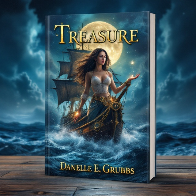 A tempestuous sea under a moonlit sky, with a towering pirate ship battling the waves at the center. The focal point is a young woman with medium-length dark brown hair, shown in a dynamic pose as she stands boldly on the ship's railing. Her face is determined, her hair swept by the wind. A large, luminous pearl glows faintly near her outstretched hand, and a detailed compass hangs on a chain around her neck, adding elements of fantasy and adventure.