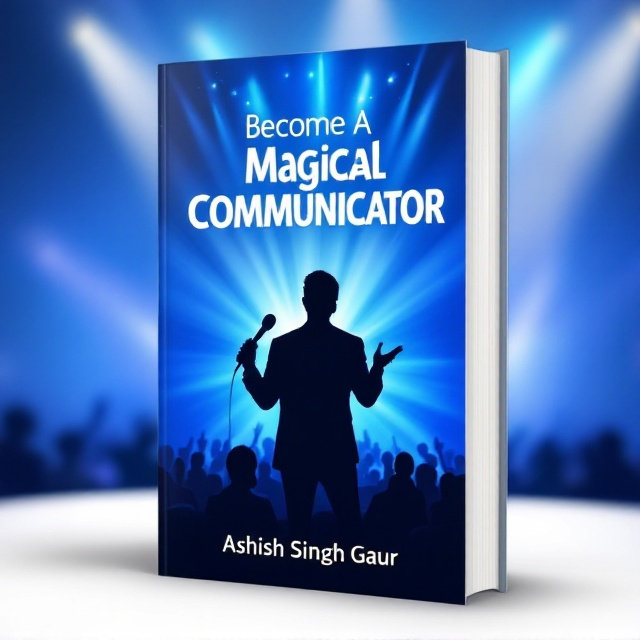 A vibrant blue background with a silhouette of a confident speaker, holding a microphone on a stage. Radiant beams of light emanate from the microphone, symbolizing dynamic communication. In the background, a subtle audience fades into the blue, suggesting interaction and engagement.