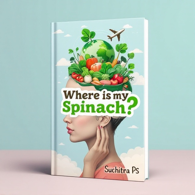 The cover features an intriguing and thought-provoking design with the upper half of a person's face in a contemplative pose. Above the head, a vibrant illustration represents the brain, which houses a captivating scene a green globe, an airplane circling it, and an array of various vegetables, symbolizing travel and the quest for spinach. The background incorporates light blue skies with faint, whimsical clouds, resonating with the theme of exploration.