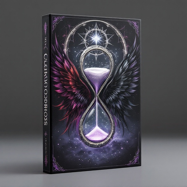 The cover features an hourglass positioned centrally, slightly tilted to symbolize time slipping away. On either side of the hourglass, facing each other, are the twin sisters. The sister on the left has vibrant red hair and wears purple and black wings tinged with an aura of dark magic, subtly swirling with wisps of fire around her. The sister on the right has cascading black hair and wears gray or silver wings, softly shimmering with ashes gently falling like snow. Above them, an ouroboros symbol, intricately designed with scales and faintly glowing with an otherworldly light, encircles part of the sky, connecting the sisters visually. The background is a gradient of dark gray, transitioning to a mysterious deep purple at the edges, enhancing the sense of fantasy and mystique.