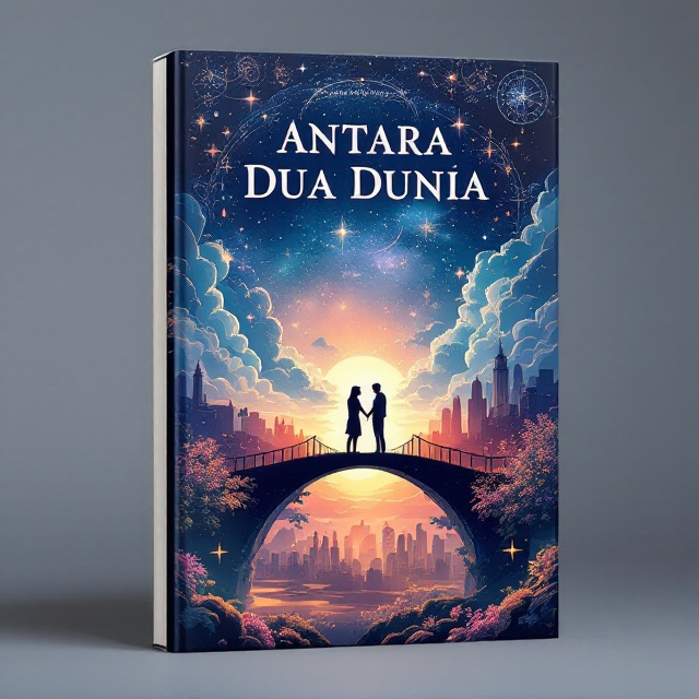 A captivating blend of an ethereal landscape bridging two worlds—an imaginative realm filled with stars, clouds, and mystical symbols merging seamlessly into a realistic cityscape with a skyline, poised at twilight. In the center, a silhouetted couple stands, holding hands on a bridge that spans across both worlds, symbolizing freedom and the journey between fiction and reality.