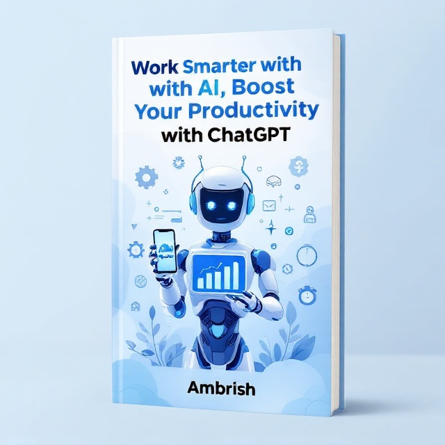 The cover features a sleek design with soft gradients of light blues and whites providing a calming effect. At the center, there's a stylized, futuristic AI bot holding a smartphone displaying a "productivity" chart that indicates growth. Surrounding the bot are abstract symbols such as gears, a clock, and brain imagery, representing AI and productivity. Small icons representing different fields, such as coding, business, writing, and education, are scattered subtly around the visual composition to denote the wide applicability of the book's insights.