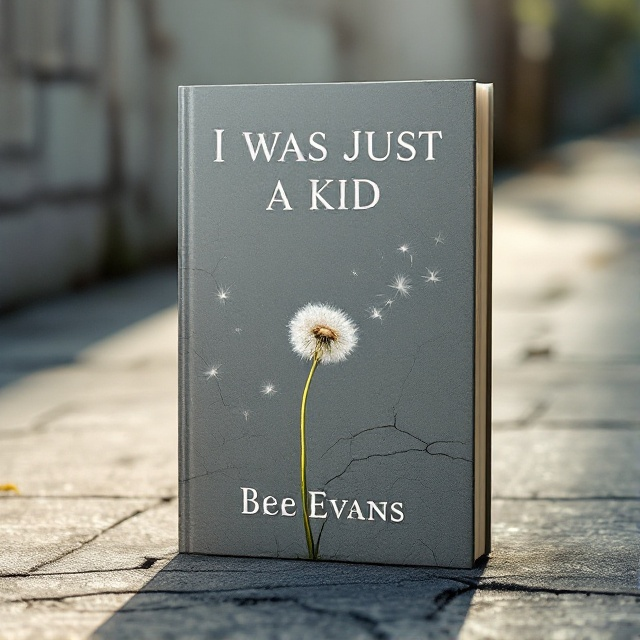 A solitary dandelion growing through a crack in a concrete sidewalk, symbolizing resilience against a stark, gray urban background with subtle cracks and shadows. The focus is on the dandelion, bathed in gentle sunlight, casting a small shadow behind it.