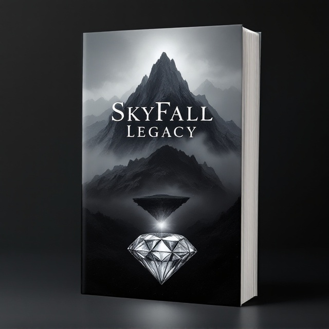 The cover features a monochromatic theme, with a large, shadowy mountain dominating the background. Atop the mountain sits a sky island shrouded in mist, creating a mysterious atmosphere. Below the mountain, an intricately detailed black and white diamond gleams at the base, hinting at hidden depths and secrets.