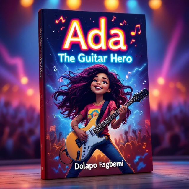 Anime-style illustration showcasing a young girl with vibrant, flowing hair, rocking out on a stage with an electric guitar in her hands. The stage is lit with colorful spotlights, and there's a lively crowd of fans in the foreground. Her expression is one of pure enthusiasm and energy, capturing the essence of her rockstar persona. The background features dynamic musical notes and lightning bolts to emphasize the electrifying atmosphere.