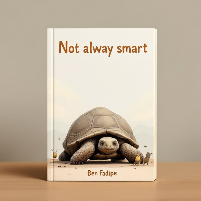 A large, forlorn-looking tortoise occupies the center of the cover, its shell slightly drooped to suggest disappointment. The background is a soft, earthy landscape, reminiscent of an African savanna, with muted tones that provide a gentle contrast to the tortoise. Small animals or insects are gathered around, some offering comfort while others look on curiously, adding to the narrative of a failed attempt at smartness.