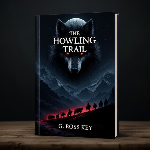 A dark, silhouetted wagon train is positioned at the lower section of the cover, moving horizontally across the page. The backdrop showcases a tall, jagged mountain range under a pitch-black night sky. Positioned above the mountain peaks is the enormous, ominous head of a wolf with glowing red eyes, serving as both the moon and a menacing focal point. Several men on horseback are scattered throughout, their outlines blending into the mysterious and haunting atmosphere. The use of a shadowy palette with hints of red adds to the cover's chilling, hopeless tone.
