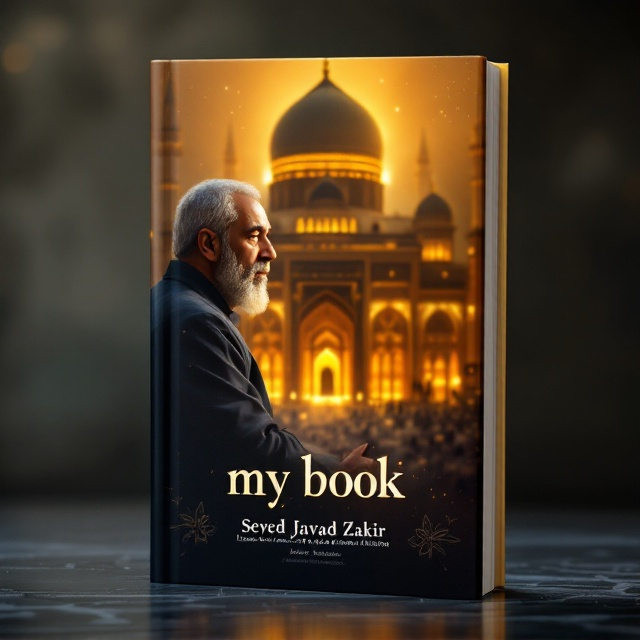 The cover features a full-page image of Seyed Javad Zakir with a somber yet peaceful expression, positioned slightly to the left. In the background, a majestic and softly lit depiction of the Imam Hussein Shrine is bathed in warm golden light. The colors are deep and rich, using a palette of golds, deep reds, and midnight blues to evoke a sense of reverence and emotion. Below the primary image, subtle abstract patterns reminiscent of Islamic art blend into the background.