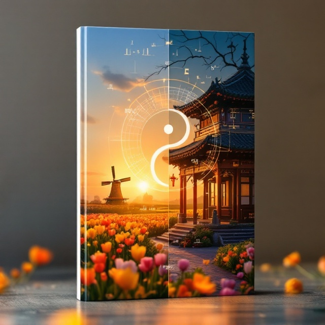 The cover features a split design where the left half depicts a serene early morning scene with the sun rising over a Dutch windmill and tulip field under a clear, bright sky. The right half shows a Chinese courtyard at sunrise, with the intricate architecture bathed in warm orange hues. In the center, a yin-yang symbol morphs subtly into both Dutch and Chinese characters. Around this symbol, abstract mathematical notations and graphs gently appear, symbolizing hypothesis testing. The overall color palette is a harmonious blend of warm golds and cool blues.