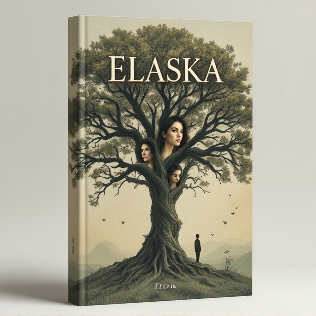 A serene landscape featuring a large, ancient tree with intricate branches and leaves. The tree is central, symbolizing the connection between past and future. Within the branches, subtle images of a young woman looking contemplative and a man with a vulnerable expression are interwoven, representing their complex relationship. The background is a soft, neutral gradient from sepia to light gray, evoking both historical depth and a forward-looking perspective.
