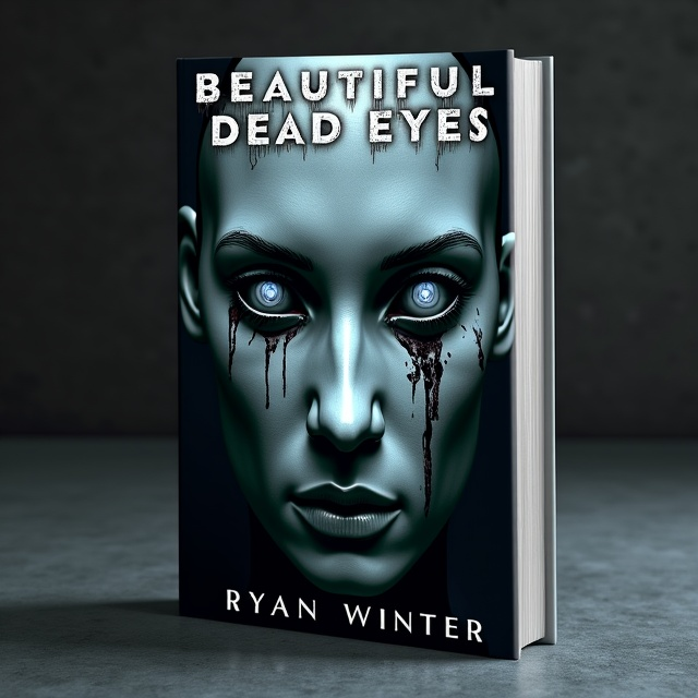 The cover features an extreme close-up of the male android’s face, emphasizing his hauntingly detailed silver eyes with delicate droplets of blood seeping from them. The background is a gradient of dark, shadowy tones that enhance the android's pale, metallic complexion. The image is high-contrast to intensify the creepiness, giving the viewer a chilling and disturbing focal point.
