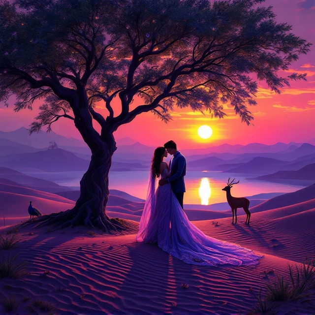 A surrealistic atmosphere set at dusk, featuring a girl in a traditional Rajasthani outfit entwined with her lover atop colorful shifting dunes. The scene is framed by a neem tree under which a majestic peacock and a graceful doe take shelter. In the background, a serene lake reflects the vibrant hues of the sunset, infusing mystery and romance into the setting. The elements of freedom, love, and separation are depicted through the expansive landscape and the liquor bottle subtly showcased near the couple.