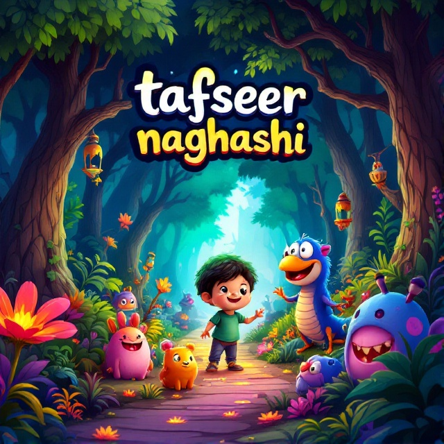 A whimsical and imaginative depiction of a magical forest inhabited by friendly animated creatures. The setting includes vibrant, oversized trees and colorful, fantastical plants with a glowing path leading deeper into the forest. In the foreground, a cheerful character resembling a small, curious child is seen interacting with the animated creatures.