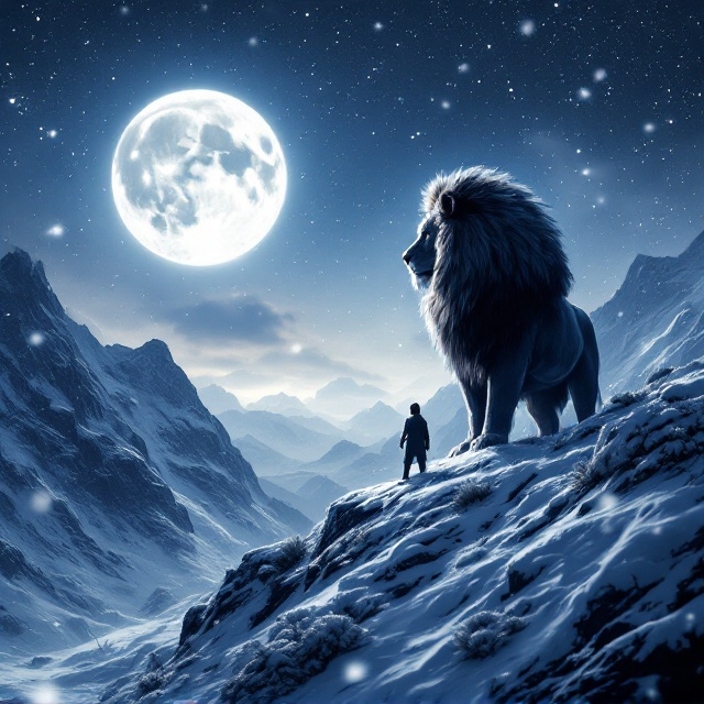 A silhouetted human hero stands valiantly on a snow-covered ridge with a large, majestic lion by his side, both gazing towards a starlit night sky. The lion stands in a protective stance, highlighting its magnificence and bravery. Snow gently falls across the cover, with a full moon casting a silvery glow over the scene, providing an atmospheric and heroic backdrop.