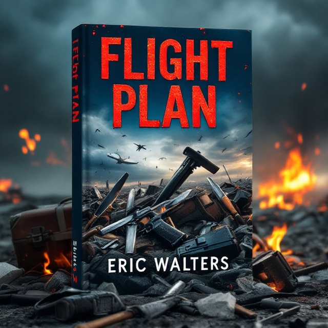 A chaotic scene of plane debris scattered across a desolate landscape. Weapon knives and crowbars weave through destroyed luggage, with a pistol partially visible among the rubble. Flames lick the border of the cover, casting flickering light over the scene and adding to the atmosphere of fear and chaos. The sky in the background is dark and stormy, enhancing the sense of danger.