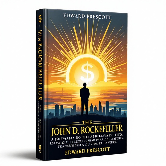 The cover features a bold and dynamic illustration of John D. Rockefeller standing, looking towards a rising sun on the horizon. The sun is stylized into a golden dollar symbol, radiating light over a modern city skyline in silhouette, symbolizing industrial growth and economic empire. This composition uses warm, inspiring colors like gold, orange, and deep blue to convey a sense of ambition and enlightenment.