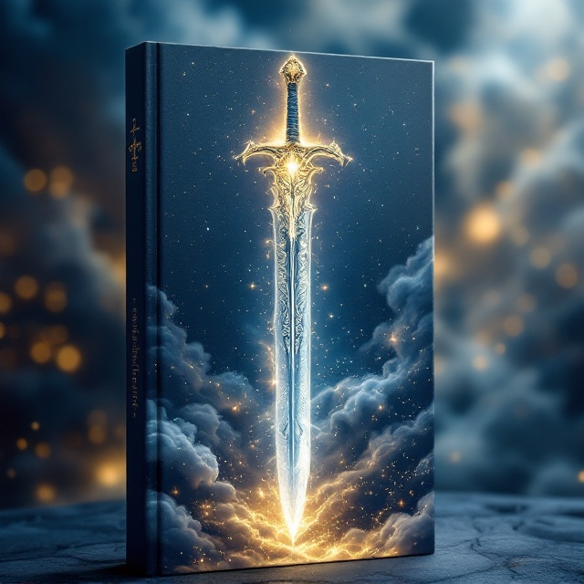 A mystical sword with ornate engravings is prominently featured at the center, its blade shimmering with ethereal light. Surrounding the sword are swirling clouds and subtle hints of celestial bodies, inducing a sense of grandeur and desire. In the background, a faint silhouette of a warrior, subtly placing emphasis on the sword itself, is depicted. The color scheme is a mix of deep blues, silver, and hints of gold, capturing the celestial and divine essence.